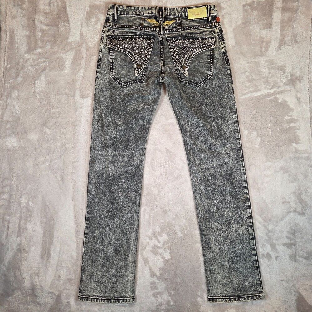 Robin’s Jean Studded Flap Pocket Jeans Men’s 32 Gray Acid Wash Rhinestone